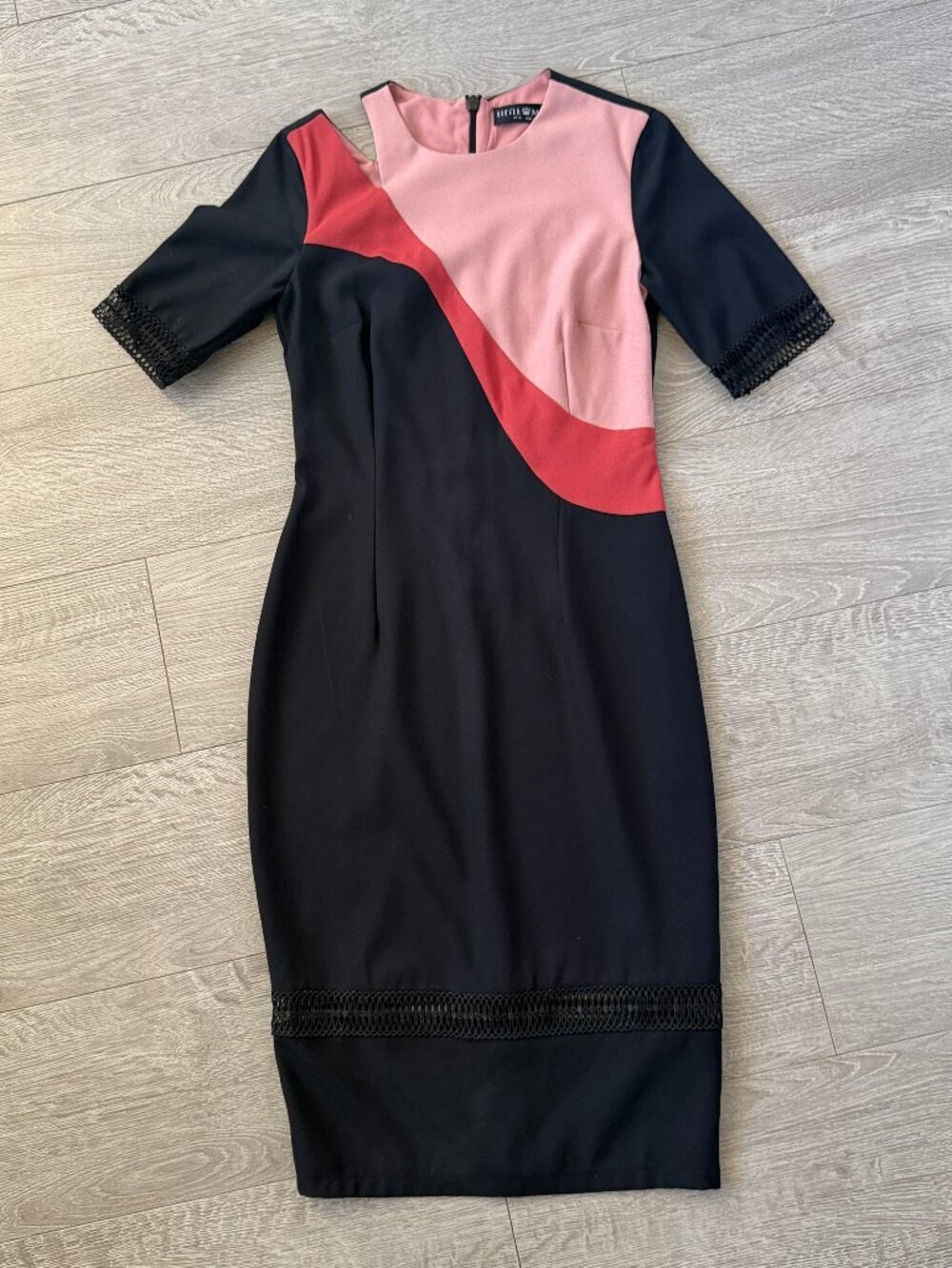 Little Mistress London Colorblock Sheath Midi Dress Pink Red Black Size US 6